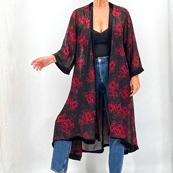 Torrid Boho Ethereal Romantic Floral Print Velvet Trim Open Duster Kimono - Picture 1 of 11